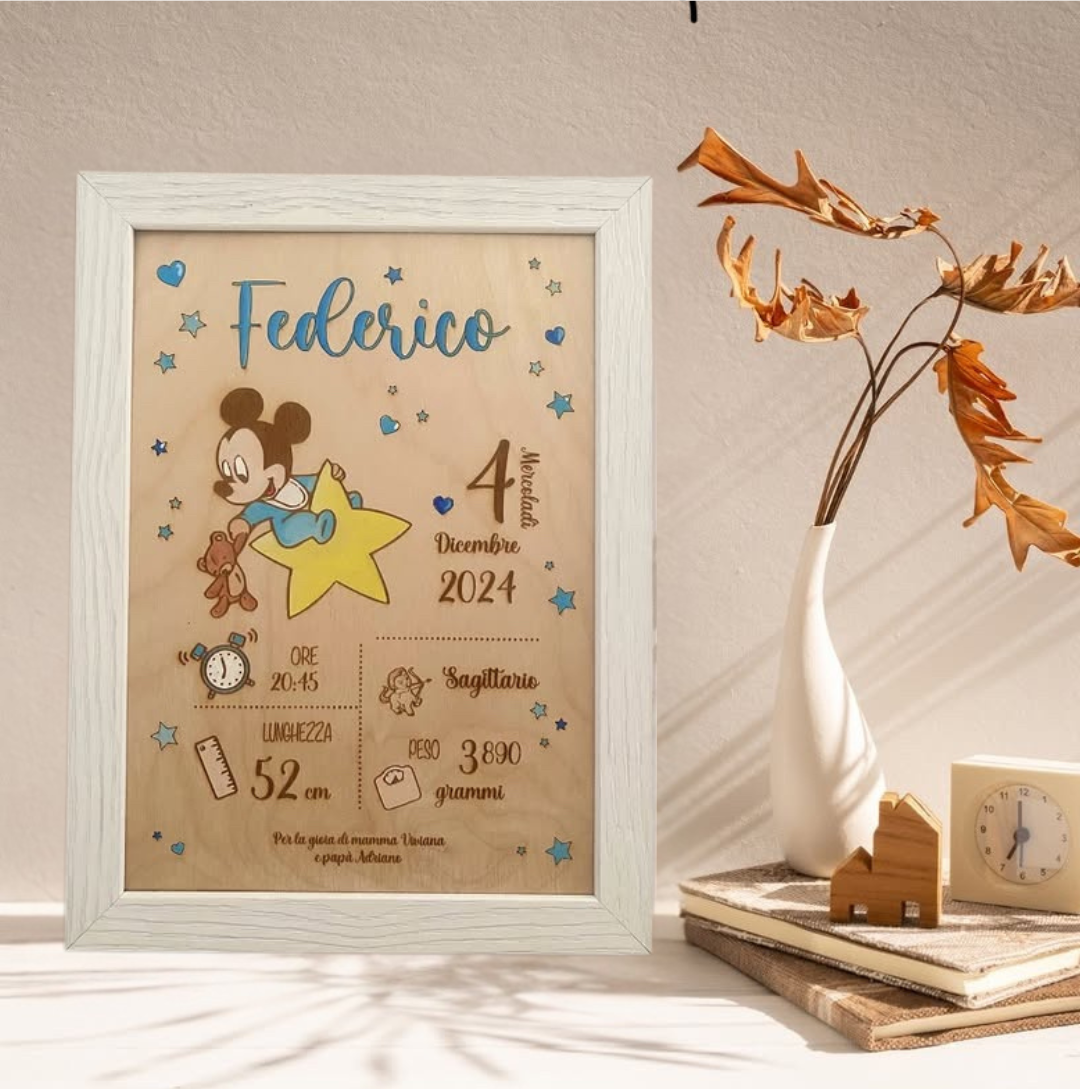 Quadretto nascita in legno taglio laser - Topolino - personalizzabile