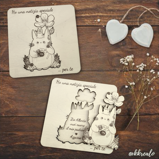 Quadretto proposta padrino, madrina in legno betulla a tema Totoro - personalizzabile frase e personaggio Proposta battesimo