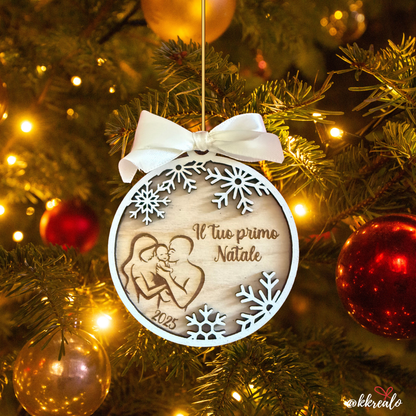 Pallina di natale in legno di betulla  taglio laser - il tuo primo natale  -  personalizzabile