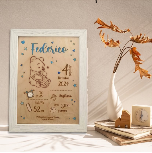 Quadretto nascita in legno taglio laser - Winnie - personalizzabile