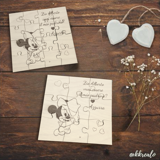 Puzzle proposta padrino, madrina in legno betulla a tema Topolino - personalizzabile